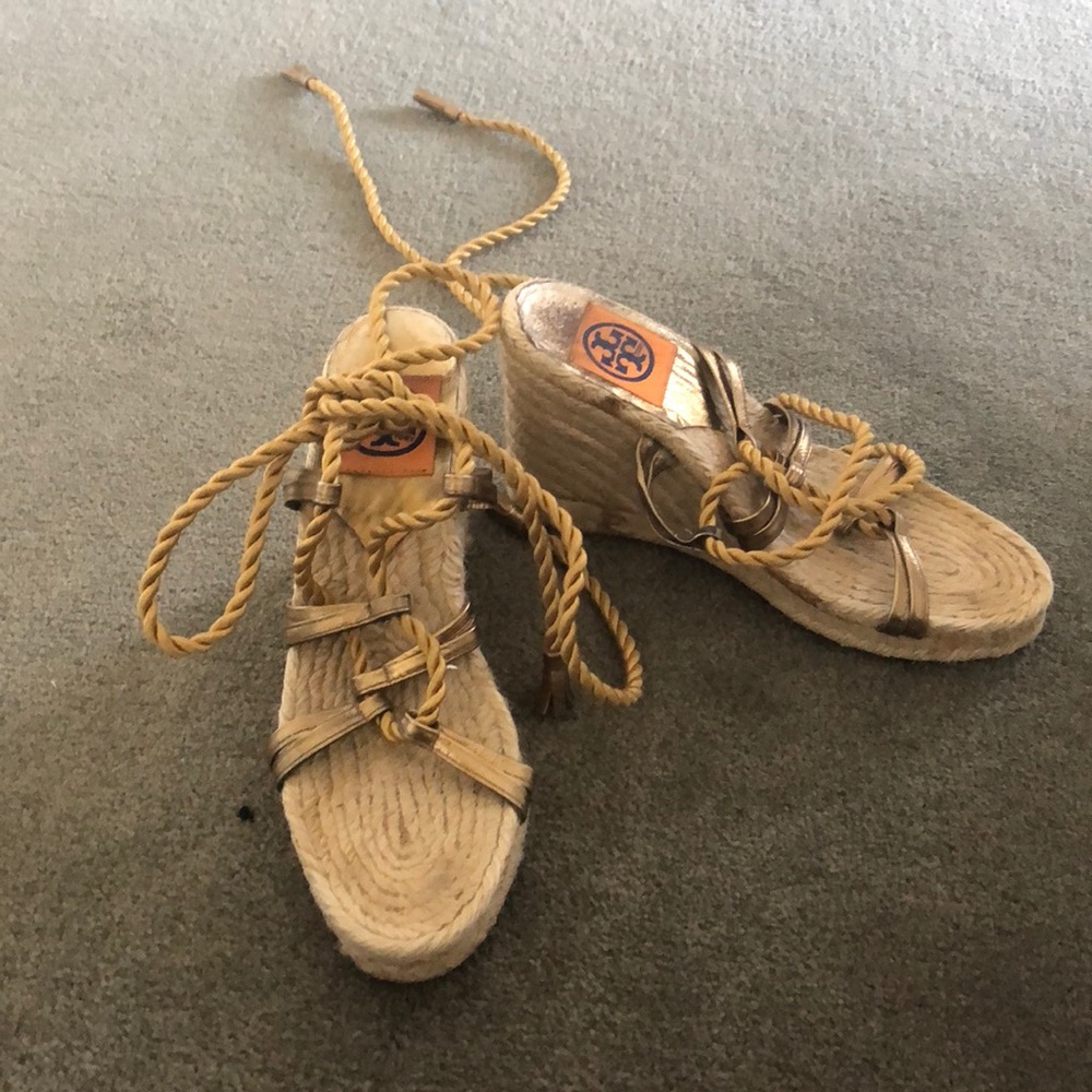 Tory Burch gladiator gold lace up espadrilles